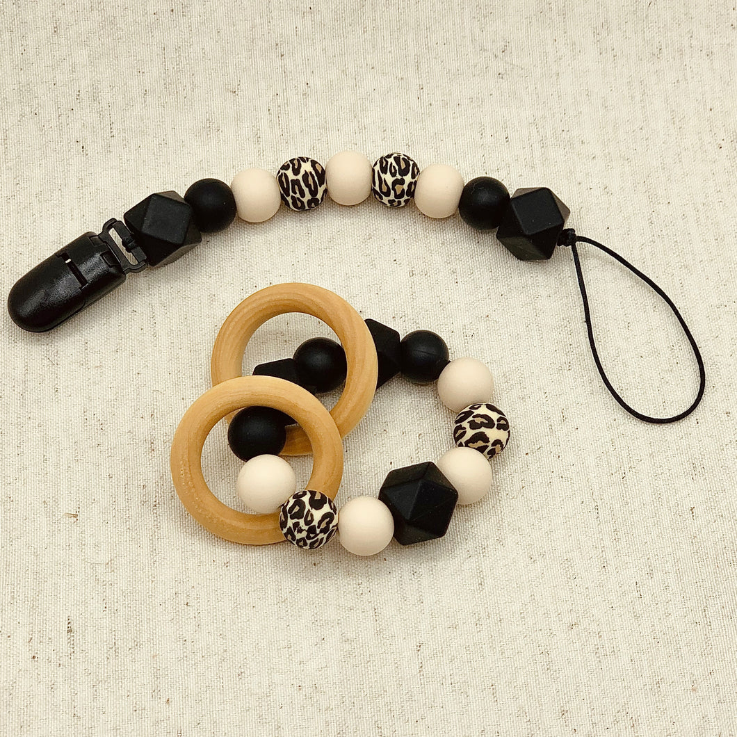 Beech Wood and Silicone Teether Ring and Pacifier Clip, Black and Leopard