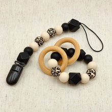 Load image into Gallery viewer, Beech Wood and Silicone Teether Ring and Pacifier Clip, Black and Leopard
