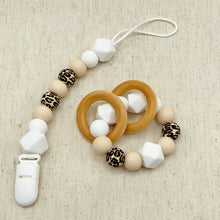 Load image into Gallery viewer, Beech Wood and Silicone Teether Ring and Pacifier Clip, White and Leopard
