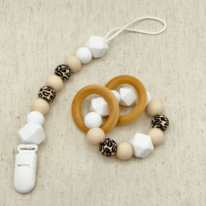Beech Wood and Silicone Teether Ring and Pacifier Clip, White and Leopard