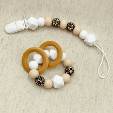 Load image into Gallery viewer, Beech Wood and Silicone Teether Ring and Pacifier Clip, White and Leopard
