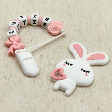 Load image into Gallery viewer, Bunny Silicone Pacifier Clip, Teether Pendant, White &amp; Pink. Personalized
