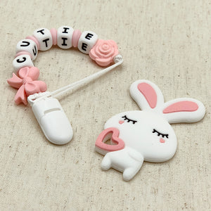 Bunny Silicone Pacifier Clip, Teether Pendant, White & Pink. Personalized