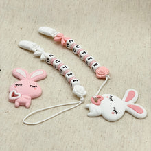 Load image into Gallery viewer, Bunny Silicone Pacifier Clip, Teether Pendant, White &amp; Pink. Personalized
